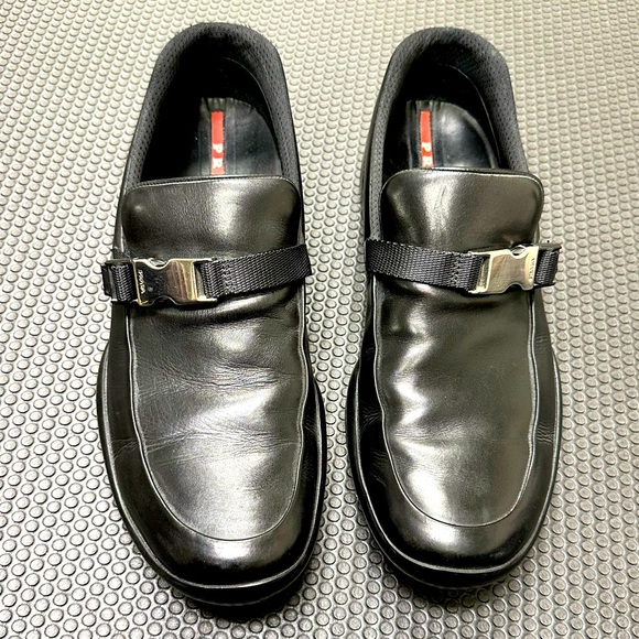 PRADA BLACK LEATHER LOAFERS SLIP ON #141187 MEN'S SHOES SIZE 8 1/2 MADE IN ITALY - Picture 2 of 6